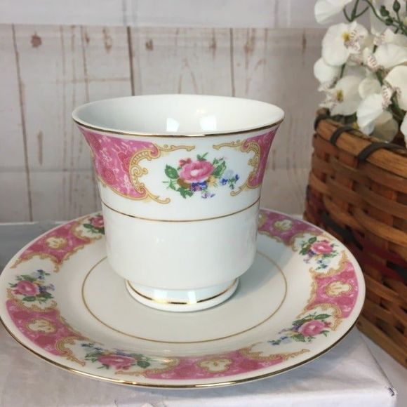 Elegant Pink & Gold Floral China Teacup Set of 2 Pink Tea For Two - Picture 5 of 8